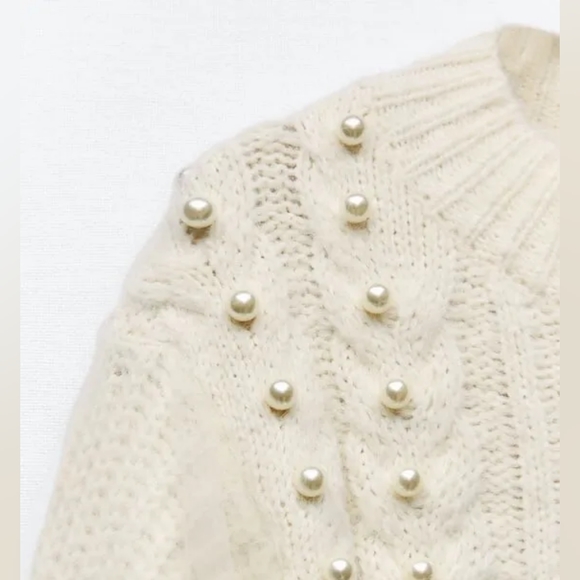 NWT ZARA Oversized Wool Blend Mixed Tulle & Pearl Knit Ecru White Sweater L - XL - Picture 5 of 7
